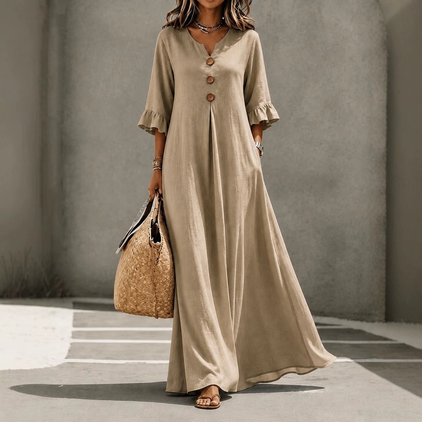 Vintage Boho Shift Dress | Ruffle Detail, Wooden Button Front