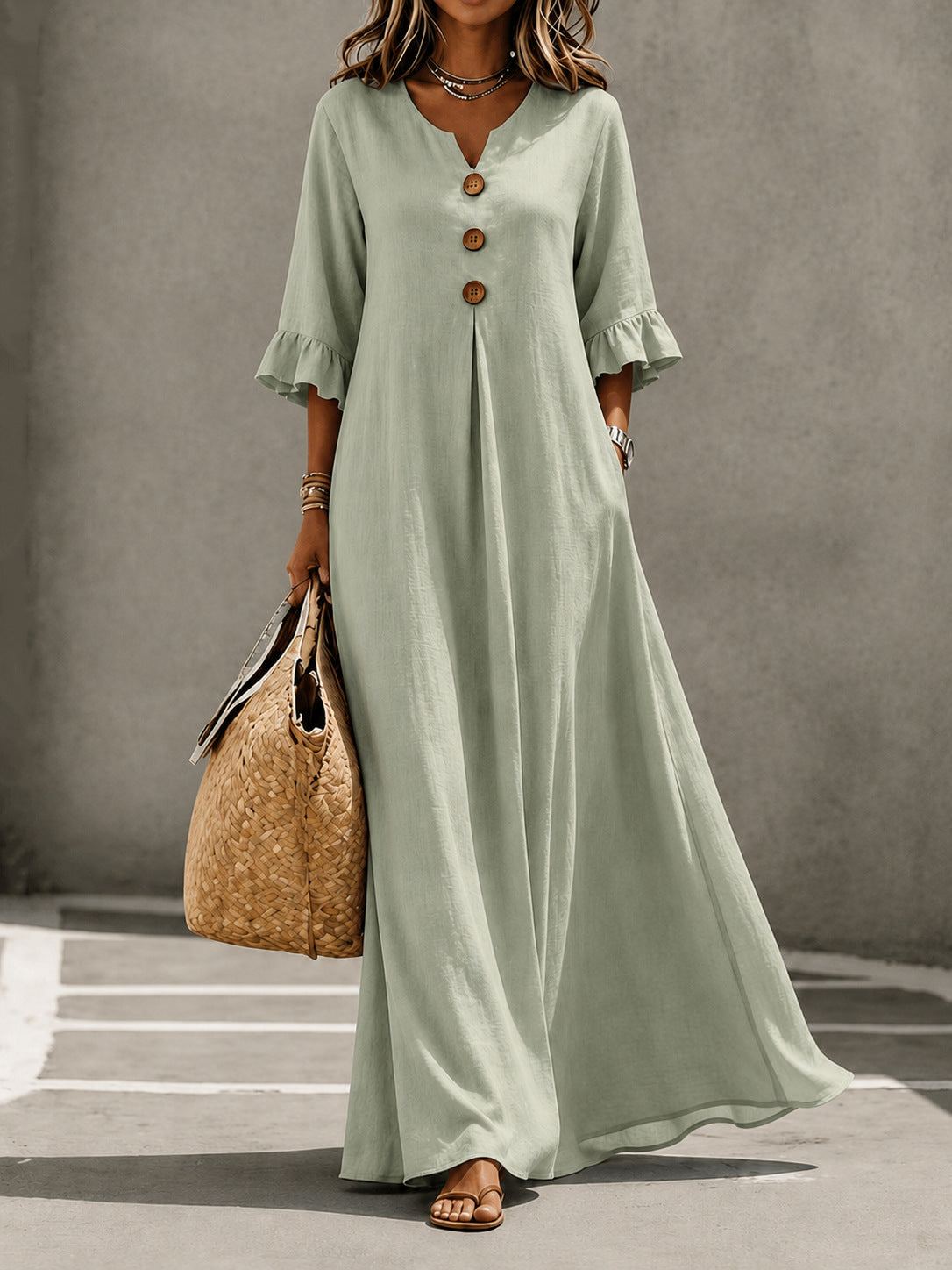 Vintage Boho Shift Dress | Ruffle Detail, Wooden Button Front