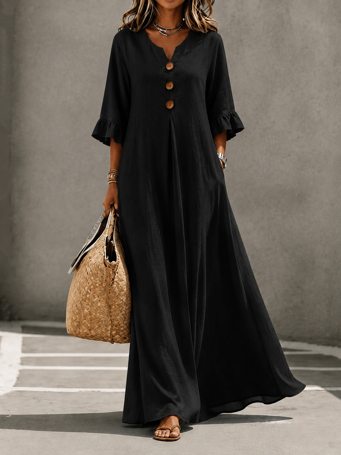 Vintage Boho Shift Dress | Ruffle Detail, Wooden Button Front