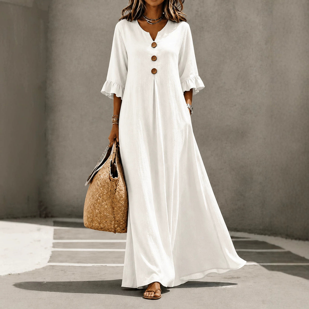 Vintage Boho Shift Dress | Ruffle Detail, Wooden Button Front